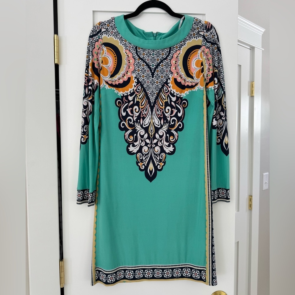 Donna Morgan 3/4 Sleeve Kaleidoscope Aqua and MultiColored Paisley Shift Dress
